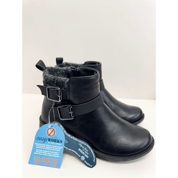 Easy Streets Booties Size 5 Black Block Heel Faux Fur Lug Outsole Faux Leather - Picture 2 of 8